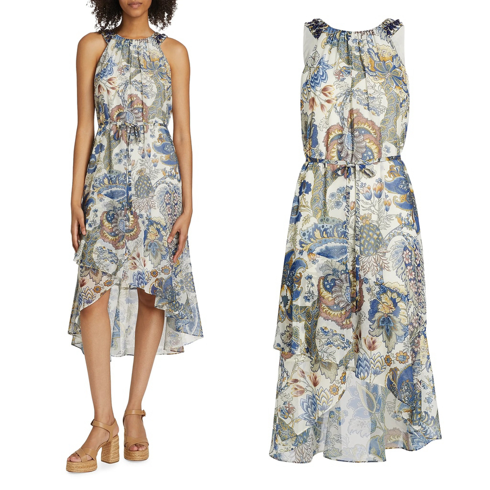 Kobi Halperin Allison Beaded High Low Floral Midi Dress Ivory Multi Size L NWT